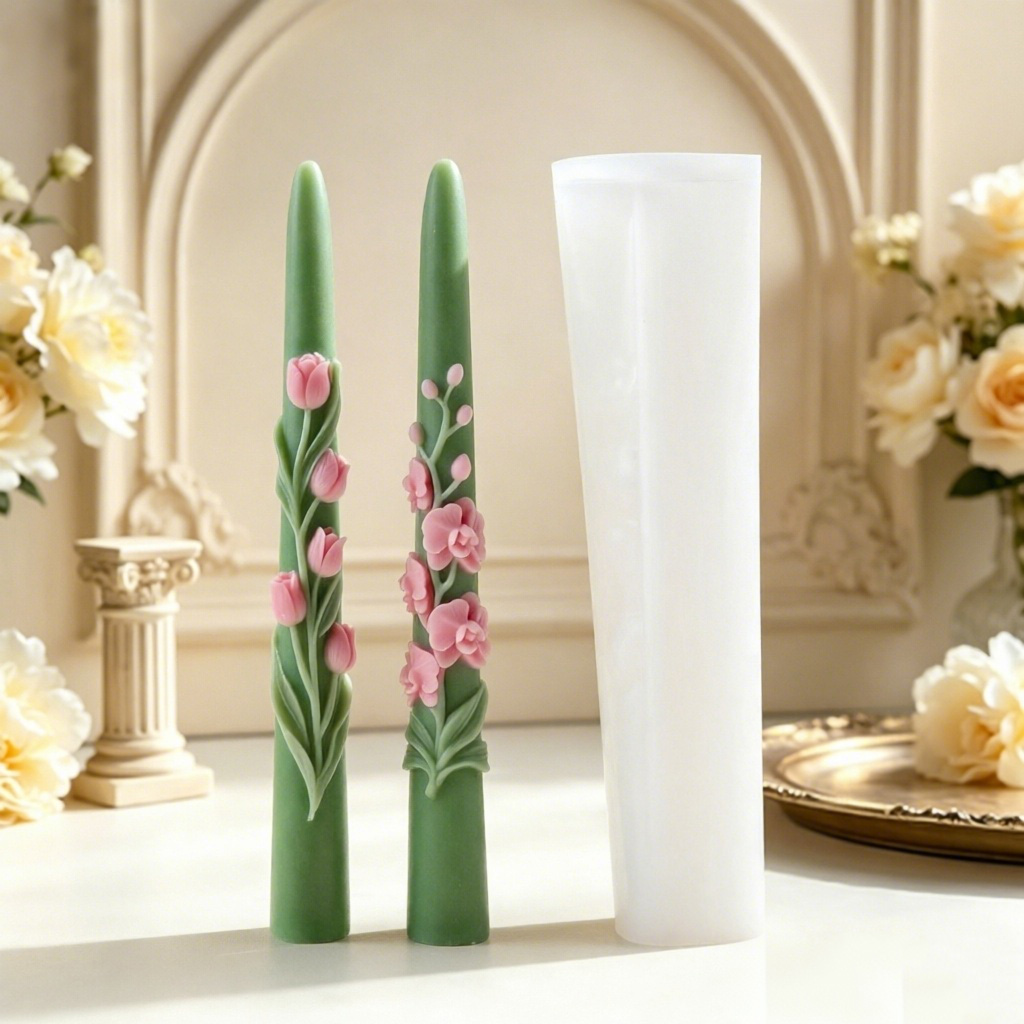 Candle Making Reno - แม่พิมพ์ซิลิโคนเทียนแท่งยาวลายดอกไม้ 3 มิติ ลายดอกทิวลิปและกล้วยไม้ สำหรับทำเทียนจากขี้ผึ้งถั่วเหลือง ของตกแต่งบ้าน
