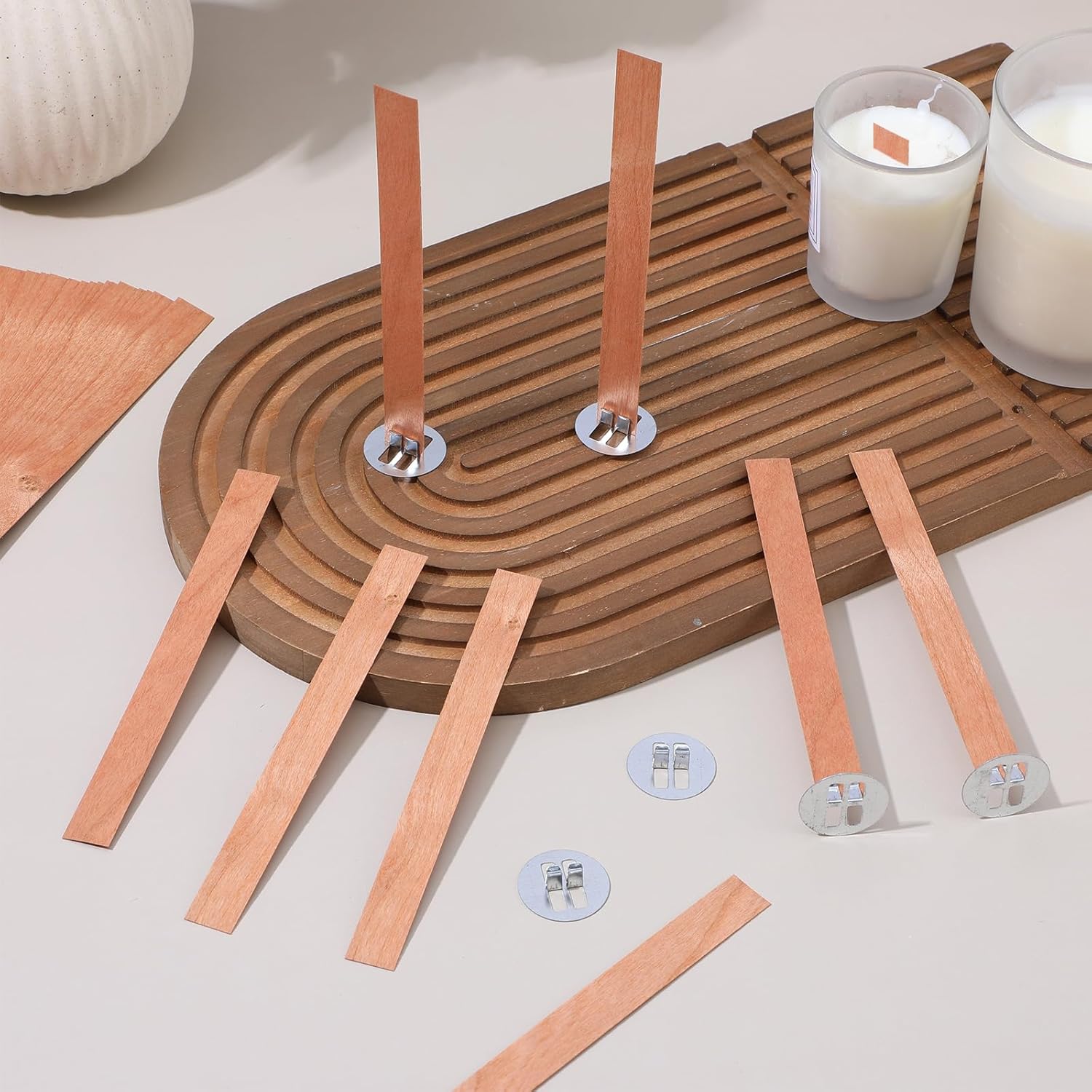 Candle Making Reno - ไส้เทียนไม้ 60 ชิ้น สำหรับทำเทียน ไส้เทียนไม้ไร้ควัน พร้อมฐานโลหะ